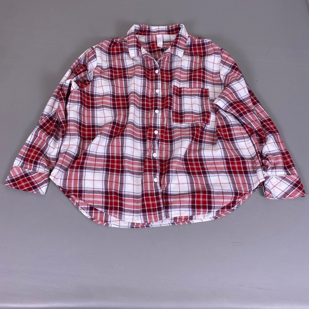 Auden Pajama Top Women's Large Red White Plaid Button Down  Long Sleeve‎  Cotton